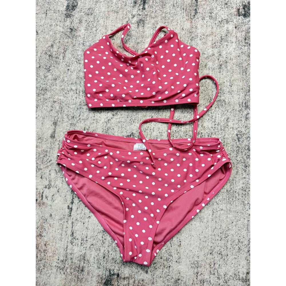 Time and Tru Pink Polka Dot Bikini Set High Waist 2-Piece Swimsuit Small 4-6